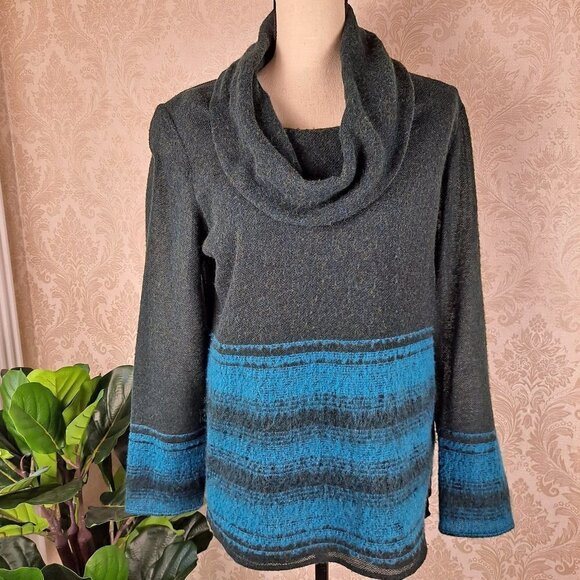 Finity Naturals Size 10 Wool Blend Cowl Neck Sweater Green/Turquoise Stripes EUC - Picture 1 of 12